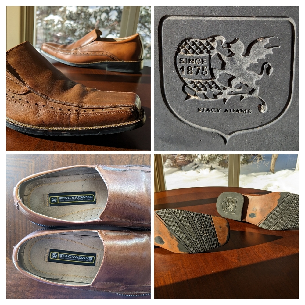 STACY ADAMS Classic Leather Slip On Square toe Loafers, size 8.5 Cognac Brown